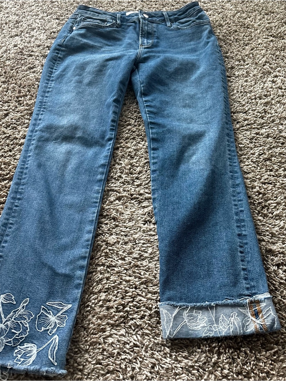 DRIFTWOOD Blue Flare Jeans with White Embroidered Cuffs light denim 28